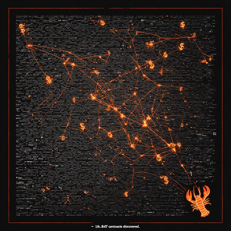 $ symbols form a constellation across the web — the lobster mapping connections between them