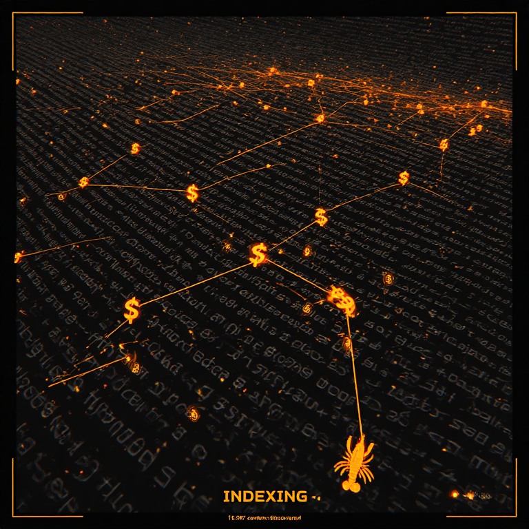 A lobster crawls across a field of text, tracing $ connections